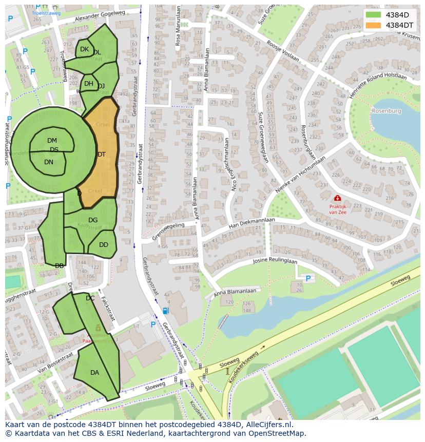 Afbeelding van het postcodegebied 4384 DT op de kaart.