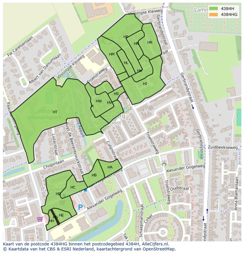 Afbeelding van het postcodegebied 4384 HG op de kaart.