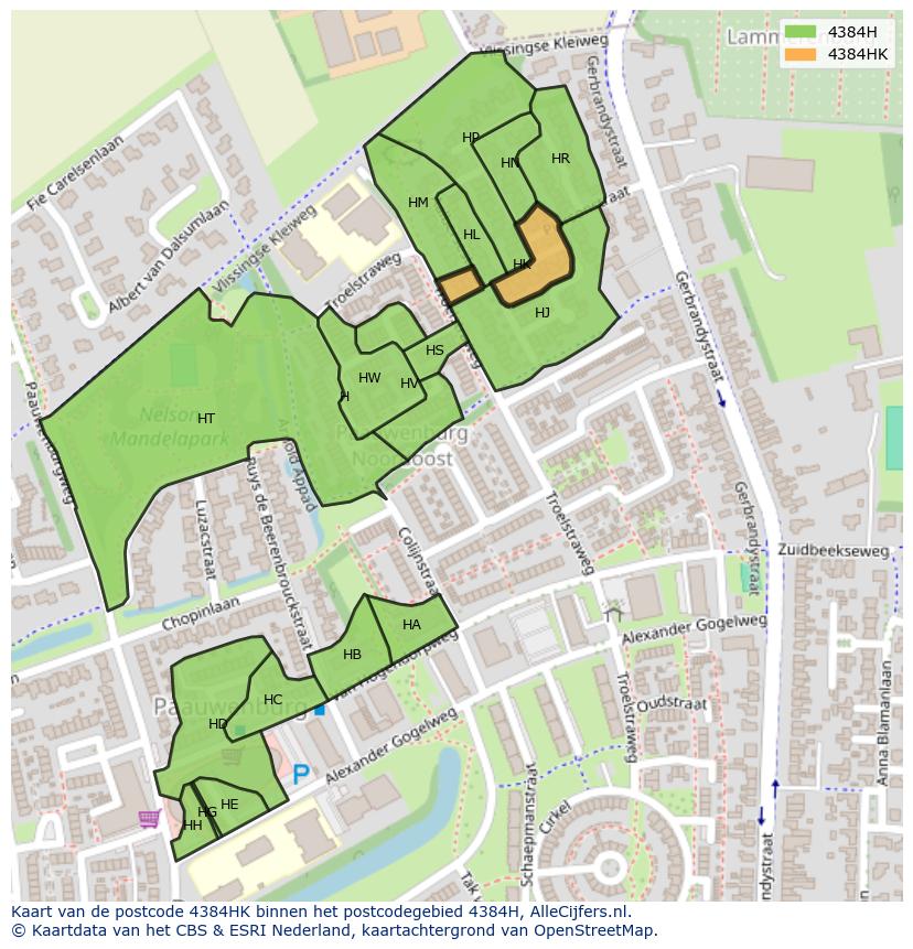 Afbeelding van het postcodegebied 4384 HK op de kaart.