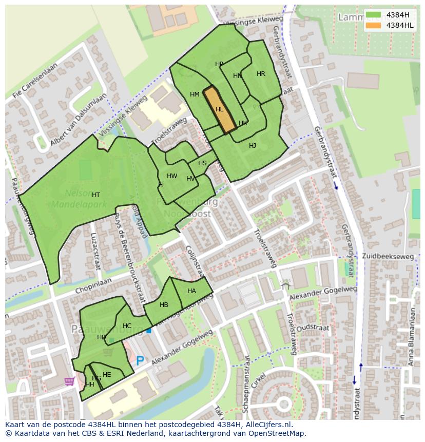 Afbeelding van het postcodegebied 4384 HL op de kaart.