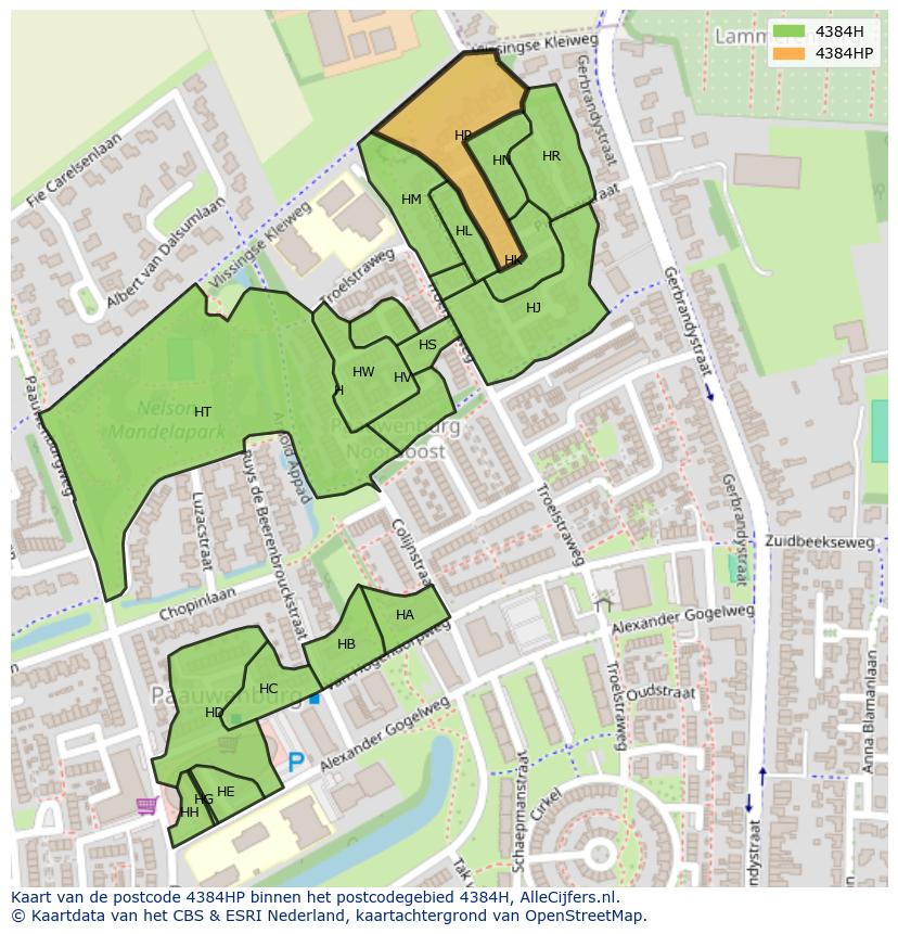 Afbeelding van het postcodegebied 4384 HP op de kaart.