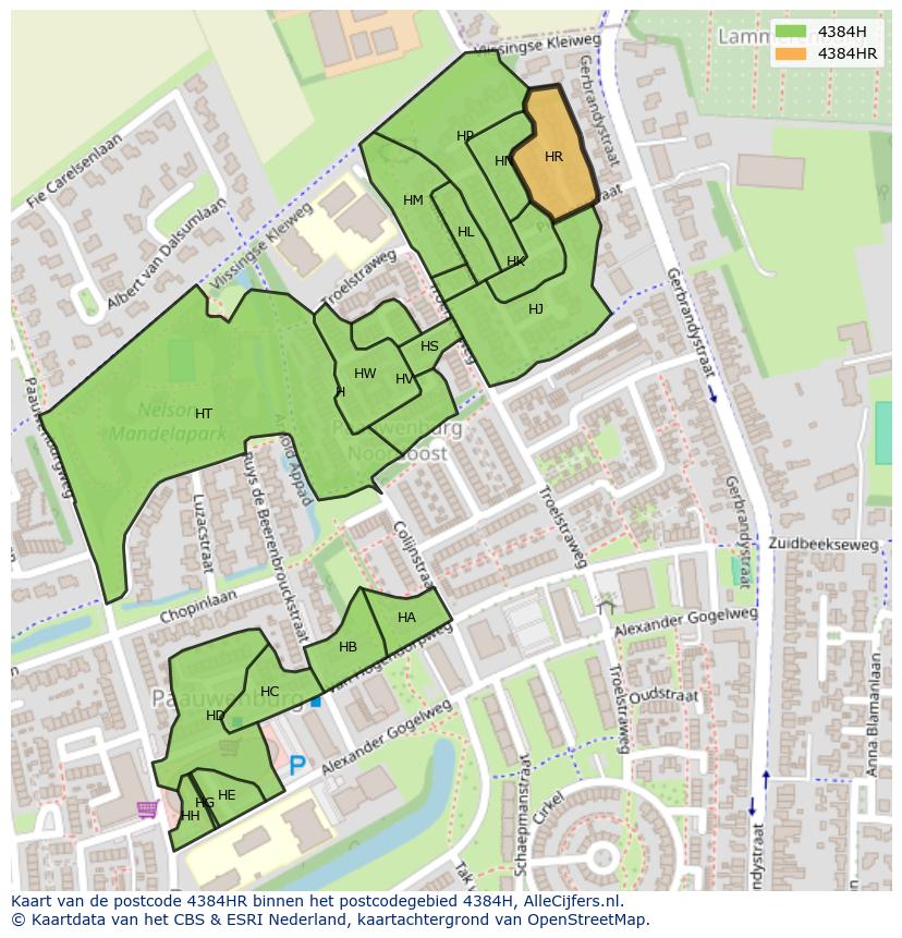 Afbeelding van het postcodegebied 4384 HR op de kaart.
