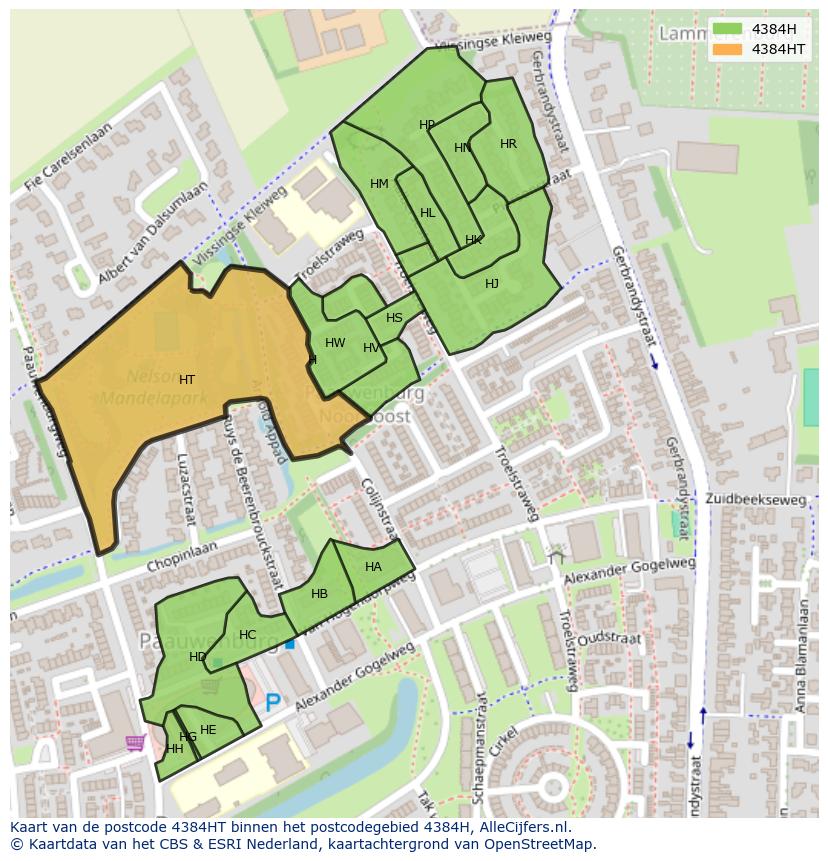 Afbeelding van het postcodegebied 4384 HT op de kaart.