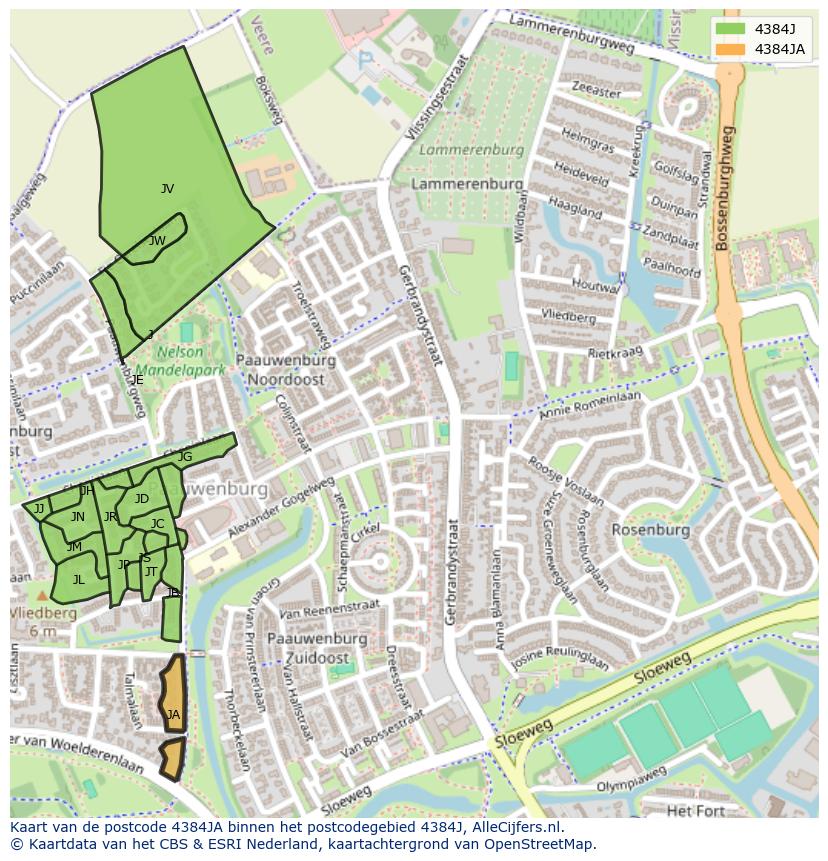 Afbeelding van het postcodegebied 4384 JA op de kaart.