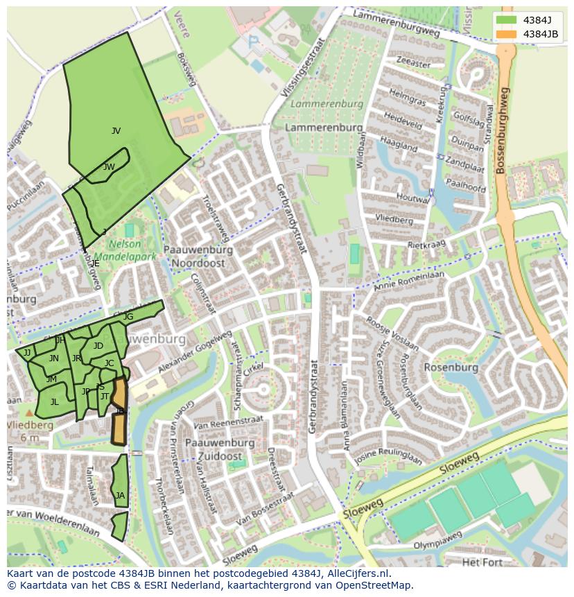 Afbeelding van het postcodegebied 4384 JB op de kaart.