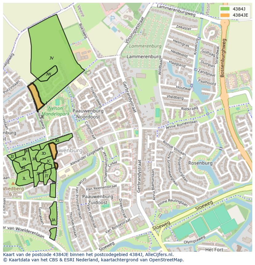 Afbeelding van het postcodegebied 4384 JE op de kaart.