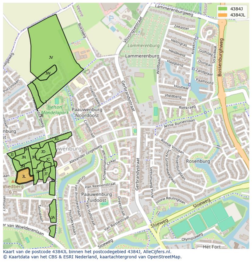 Afbeelding van het postcodegebied 4384 JL op de kaart.