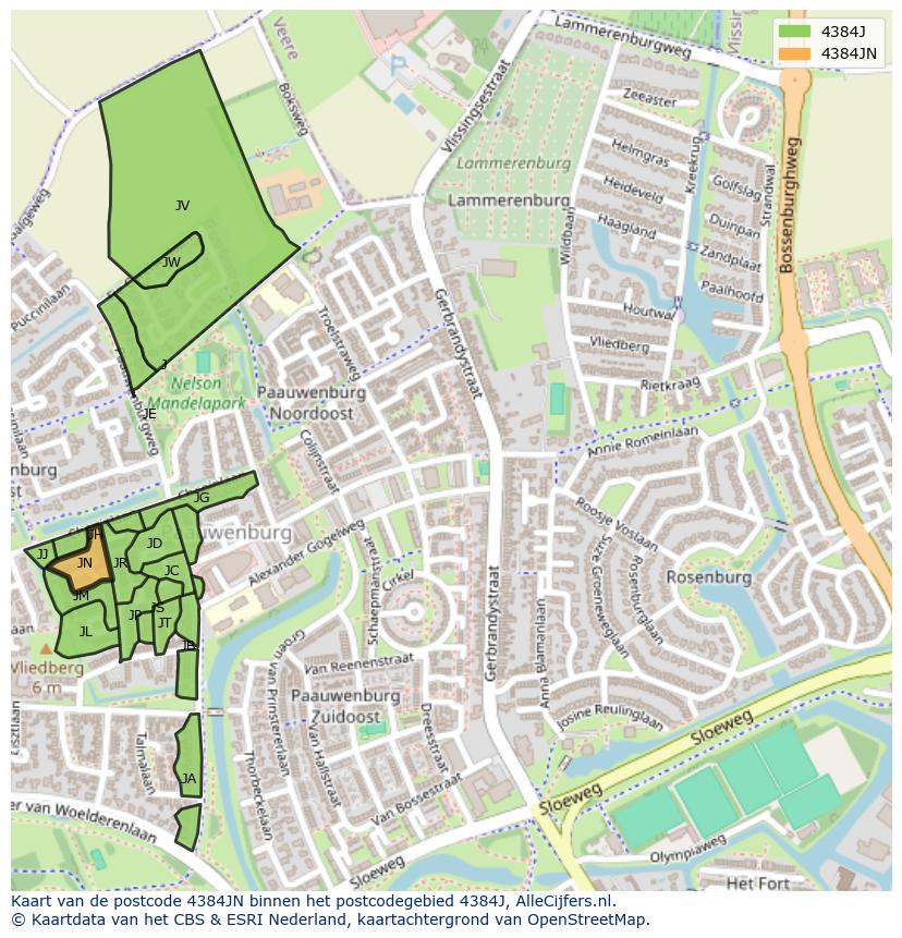 Afbeelding van het postcodegebied 4384 JN op de kaart.