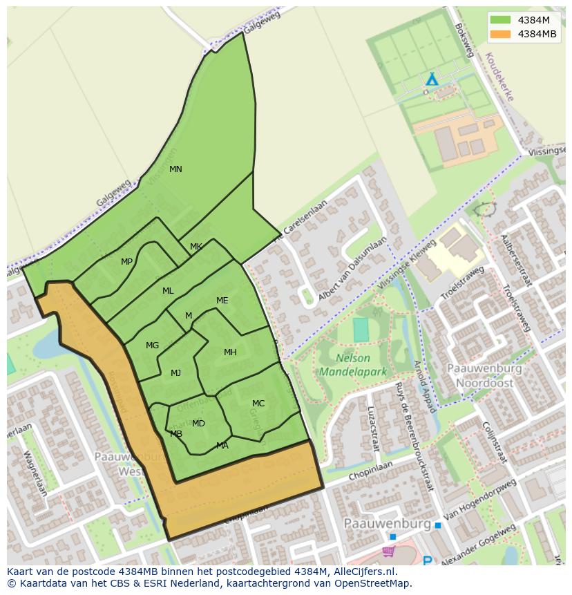 Afbeelding van het postcodegebied 4384 MB op de kaart.