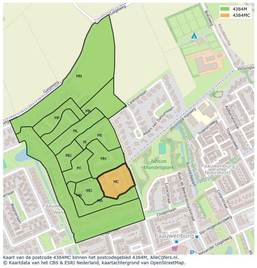 Afbeelding van het postcodegebied 4384 MC op de kaart.