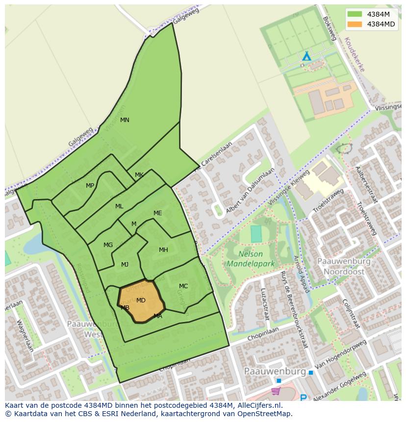 Afbeelding van het postcodegebied 4384 MD op de kaart.