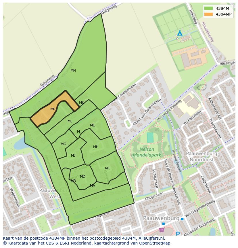 Afbeelding van het postcodegebied 4384 MP op de kaart.