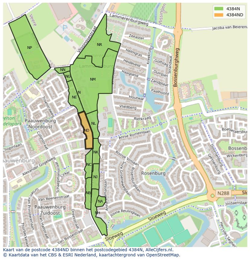 Afbeelding van het postcodegebied 4384 ND op de kaart.