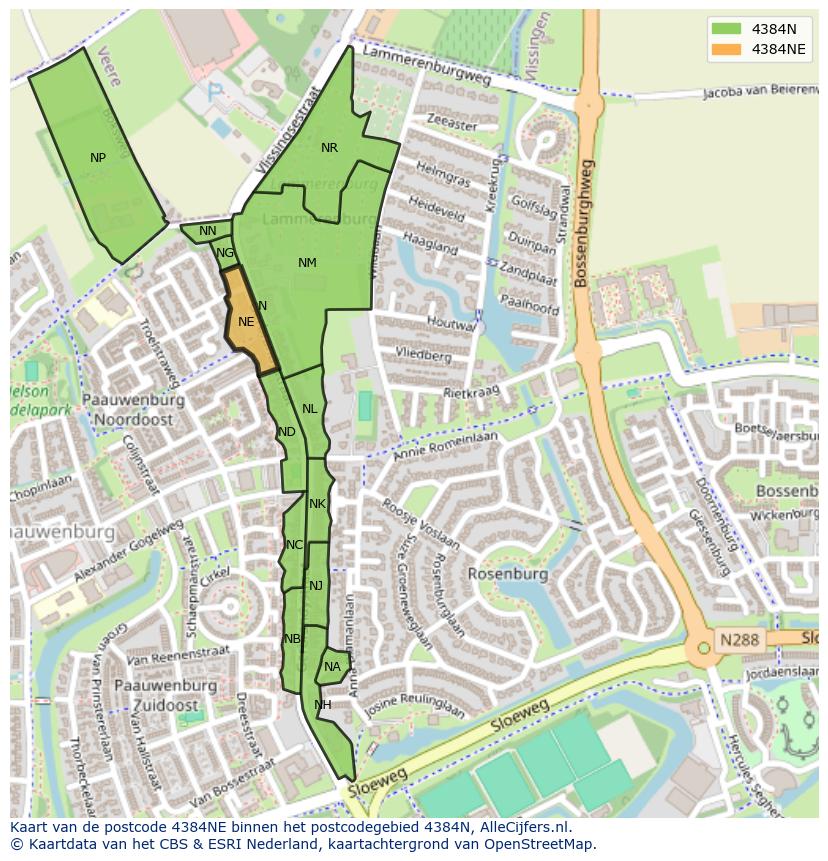 Afbeelding van het postcodegebied 4384 NE op de kaart.