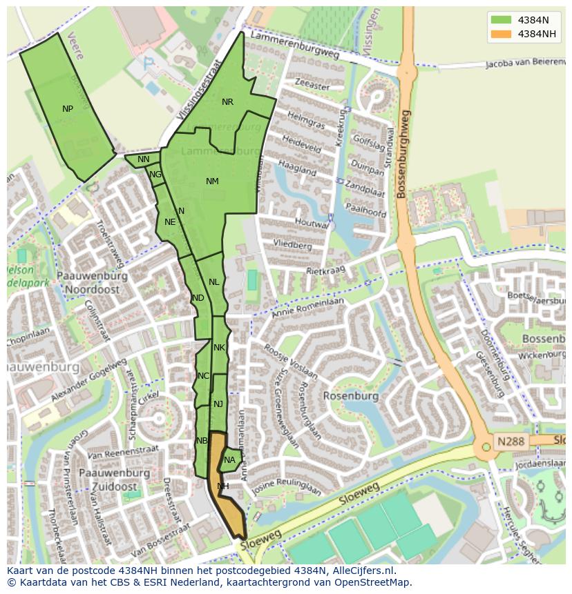 Afbeelding van het postcodegebied 4384 NH op de kaart.