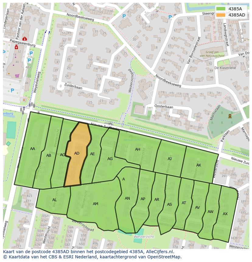 Afbeelding van het postcodegebied 4385 AD op de kaart.