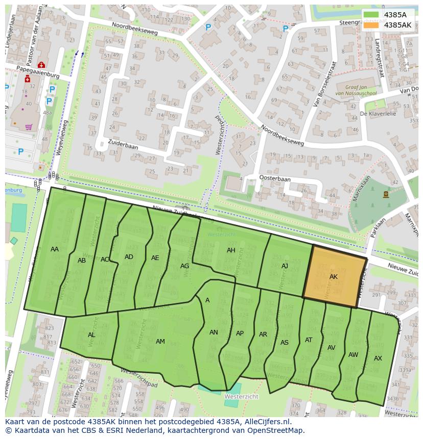 Afbeelding van het postcodegebied 4385 AK op de kaart.