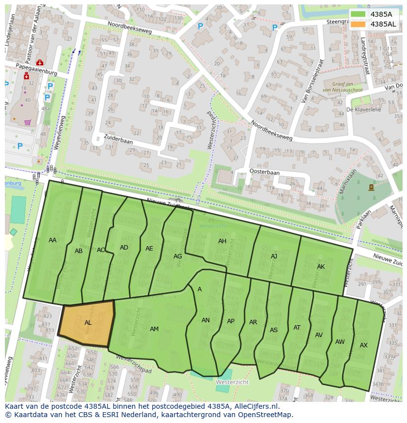 Afbeelding van het postcodegebied 4385 AL op de kaart.