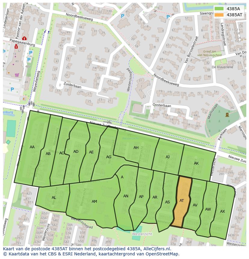 Afbeelding van het postcodegebied 4385 AT op de kaart.