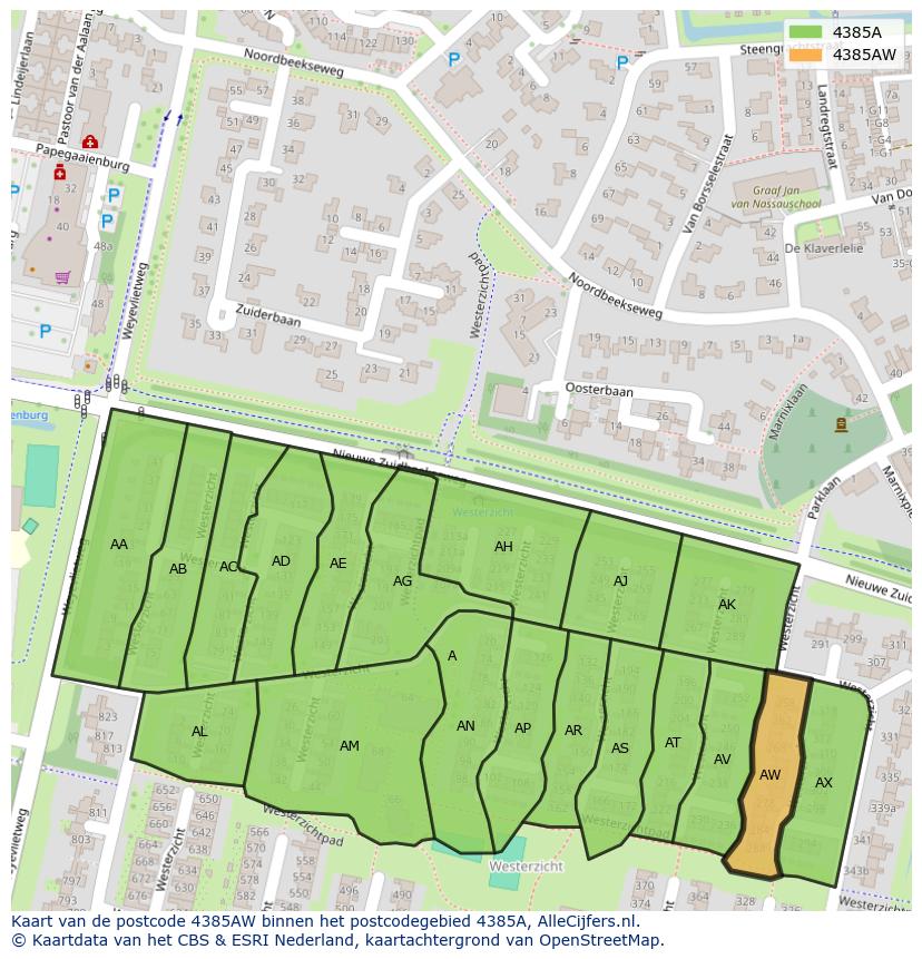 Afbeelding van het postcodegebied 4385 AW op de kaart.