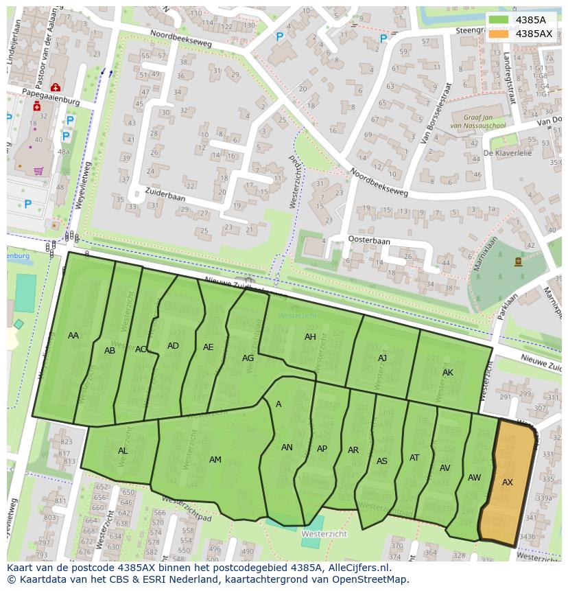 Afbeelding van het postcodegebied 4385 AX op de kaart.