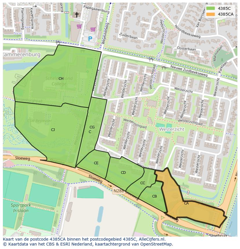 Afbeelding van het postcodegebied 4385 CA op de kaart.