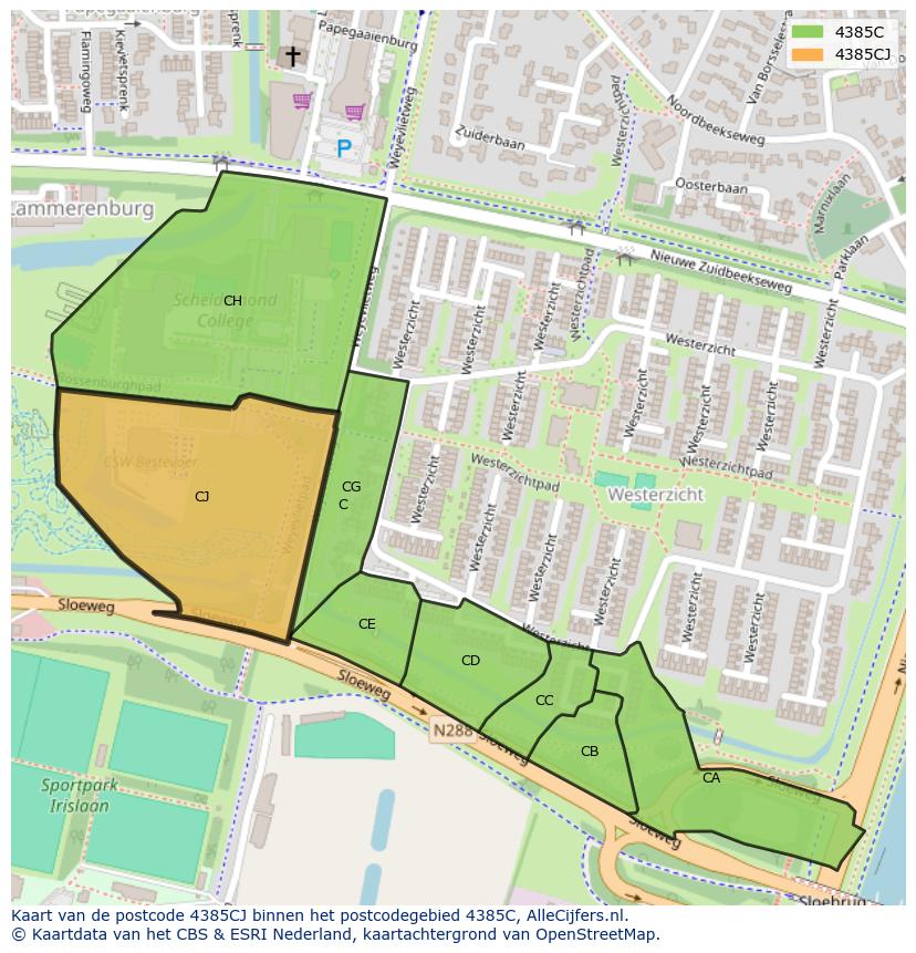 Afbeelding van het postcodegebied 4385 CJ op de kaart.
