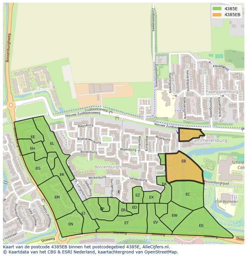 Afbeelding van het postcodegebied 4385 EB op de kaart.