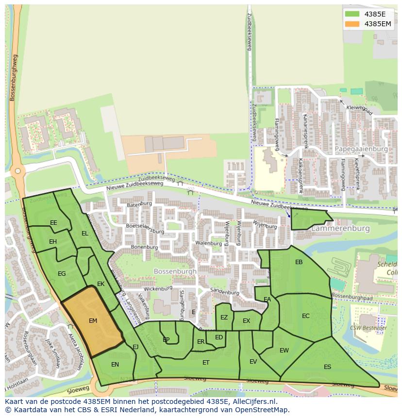 Afbeelding van het postcodegebied 4385 EM op de kaart.
