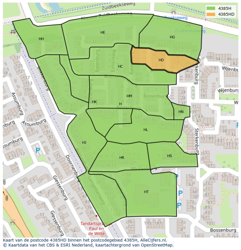 Afbeelding van het postcodegebied 4385 HD op de kaart.