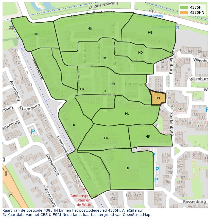Afbeelding van het postcodegebied 4385 HN op de kaart.