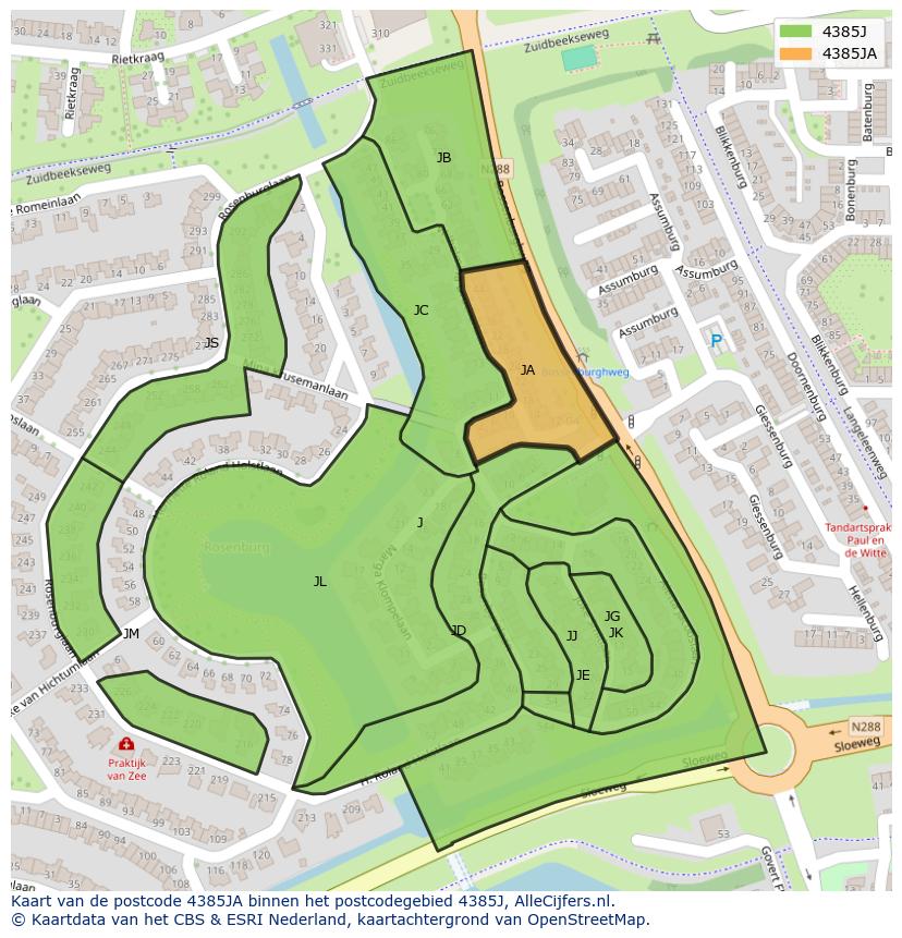 Afbeelding van het postcodegebied 4385 JA op de kaart.