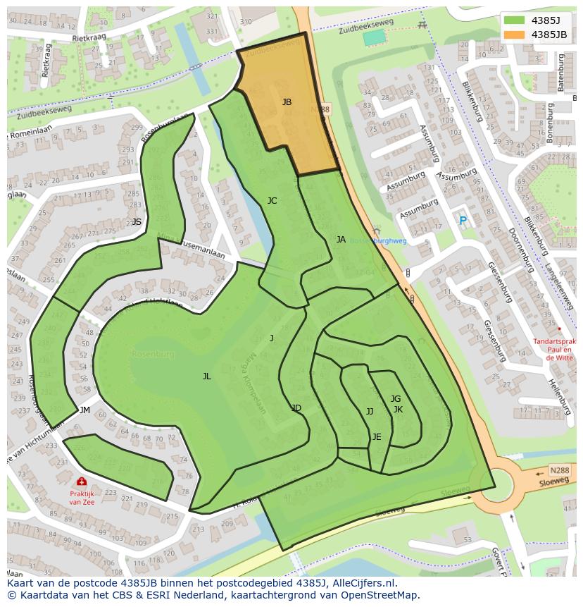 Afbeelding van het postcodegebied 4385 JB op de kaart.