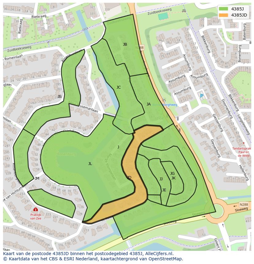 Afbeelding van het postcodegebied 4385 JD op de kaart.