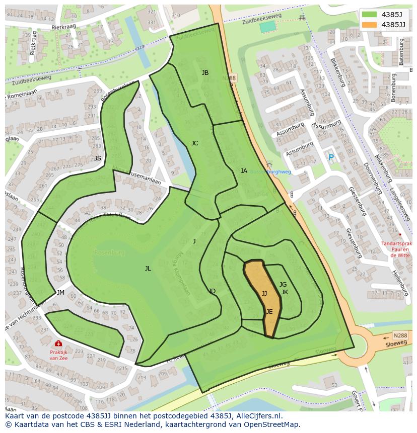 Afbeelding van het postcodegebied 4385 JJ op de kaart.