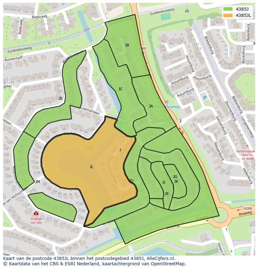 Afbeelding van het postcodegebied 4385 JL op de kaart.