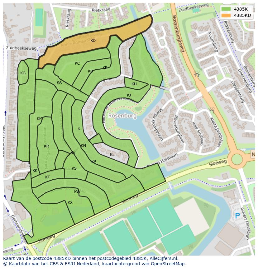 Afbeelding van het postcodegebied 4385 KD op de kaart.