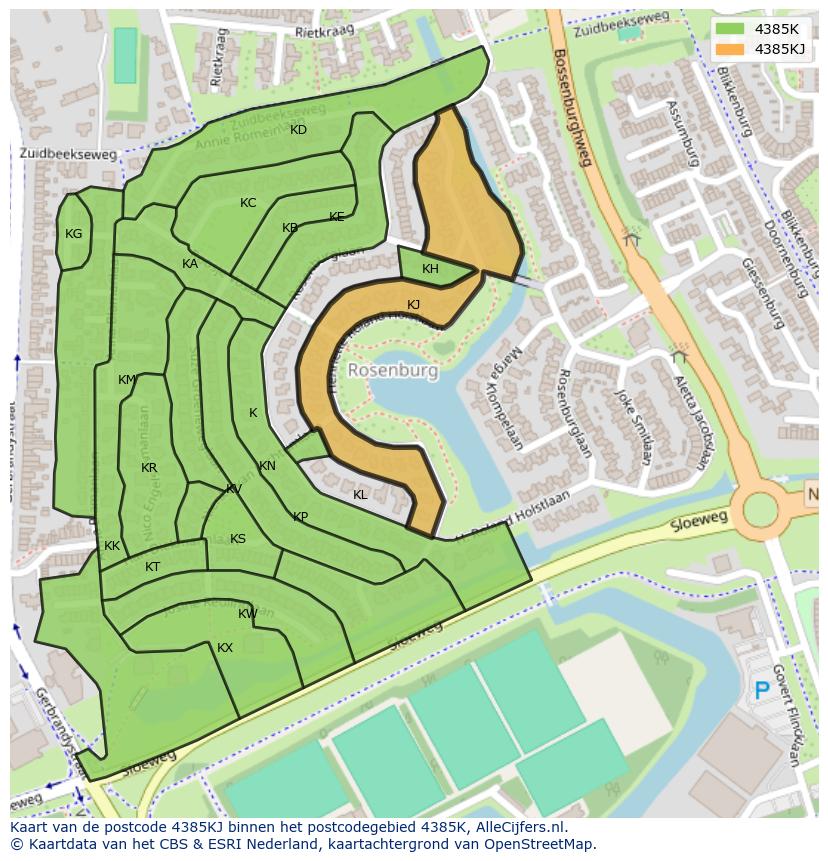 Afbeelding van het postcodegebied 4385 KJ op de kaart.