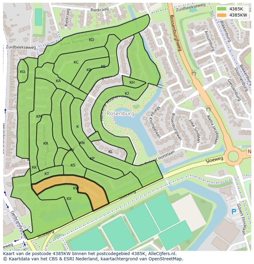 Afbeelding van het postcodegebied 4385 KW op de kaart.