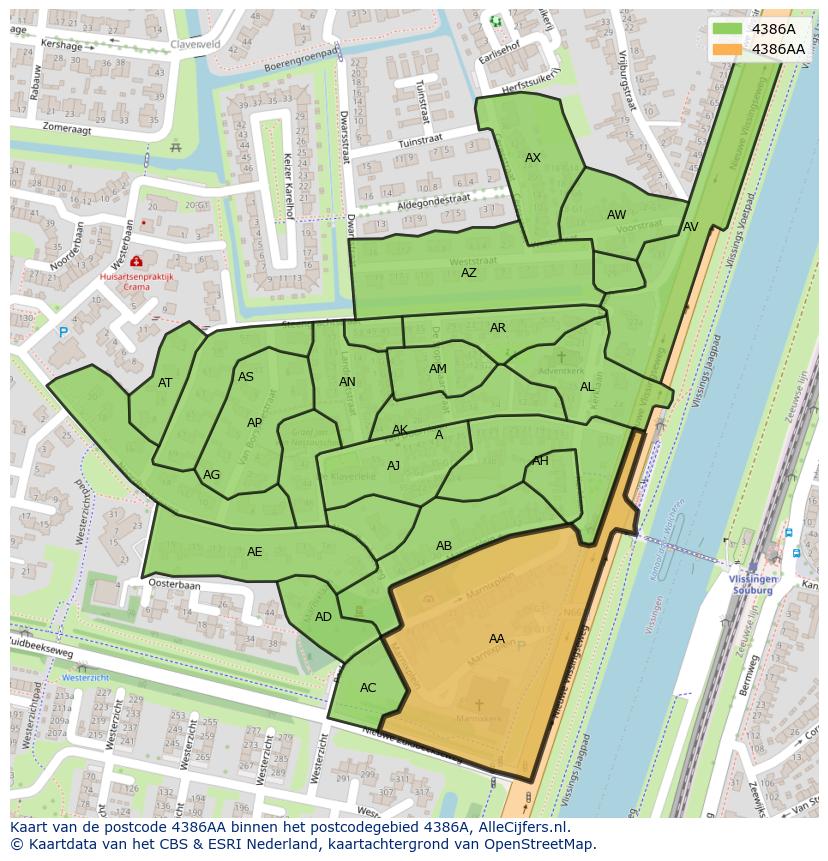 Afbeelding van het postcodegebied 4386 AA op de kaart.