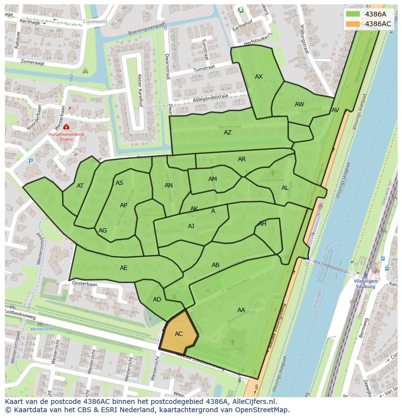 Afbeelding van het postcodegebied 4386 AC op de kaart.
