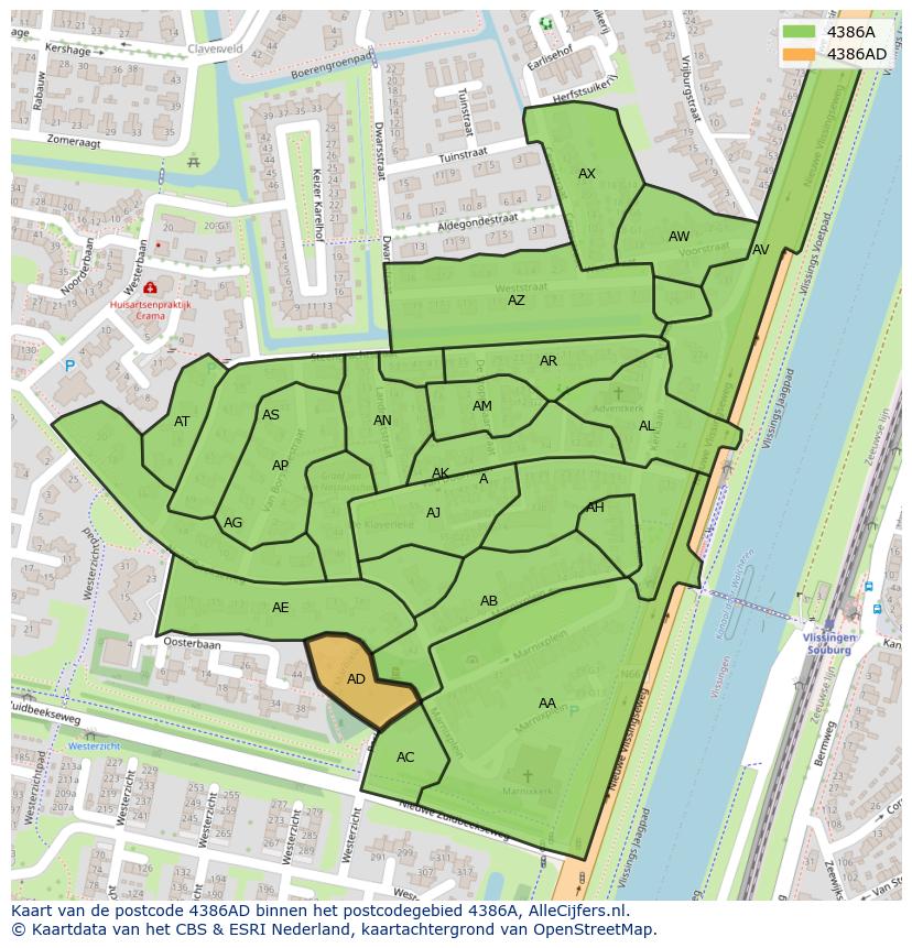 Afbeelding van het postcodegebied 4386 AD op de kaart.