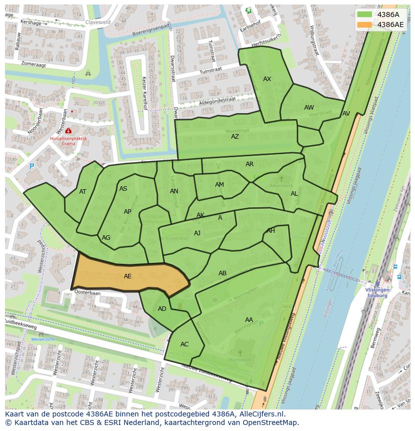 Afbeelding van het postcodegebied 4386 AE op de kaart.
