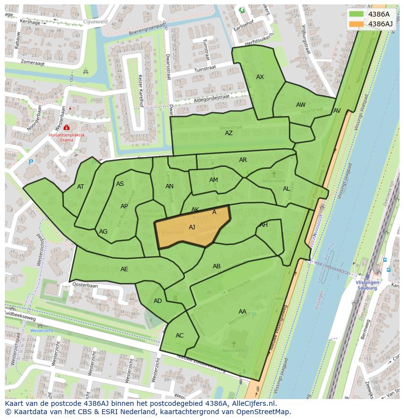 Afbeelding van het postcodegebied 4386 AJ op de kaart.