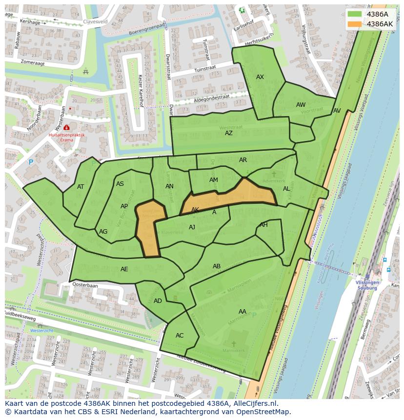 Afbeelding van het postcodegebied 4386 AK op de kaart.