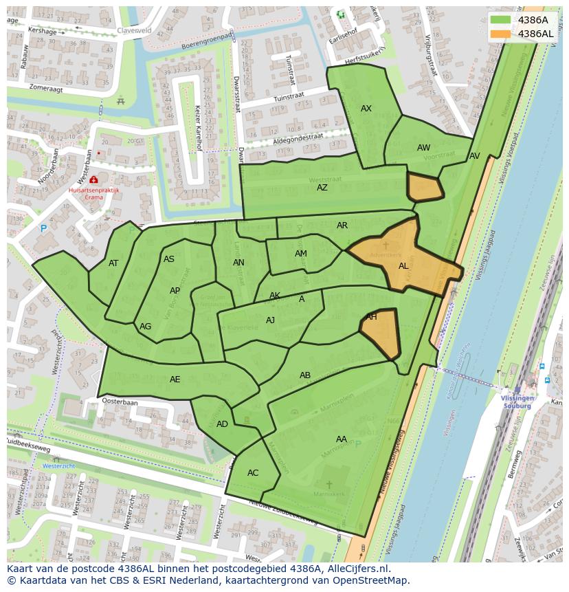 Afbeelding van het postcodegebied 4386 AL op de kaart.