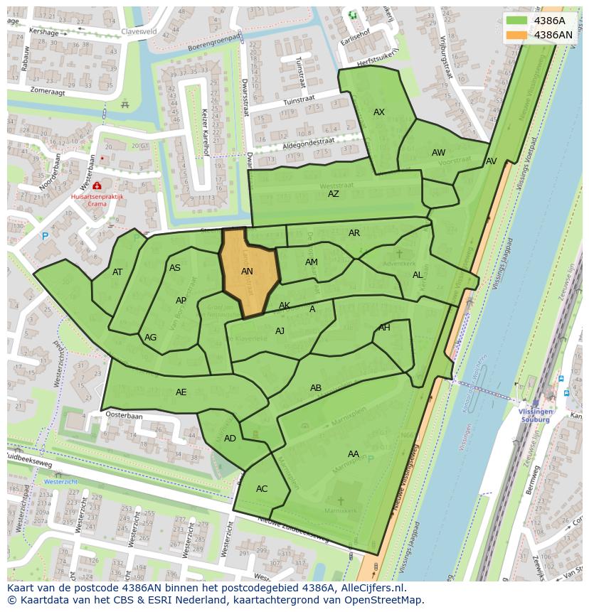 Afbeelding van het postcodegebied 4386 AN op de kaart.