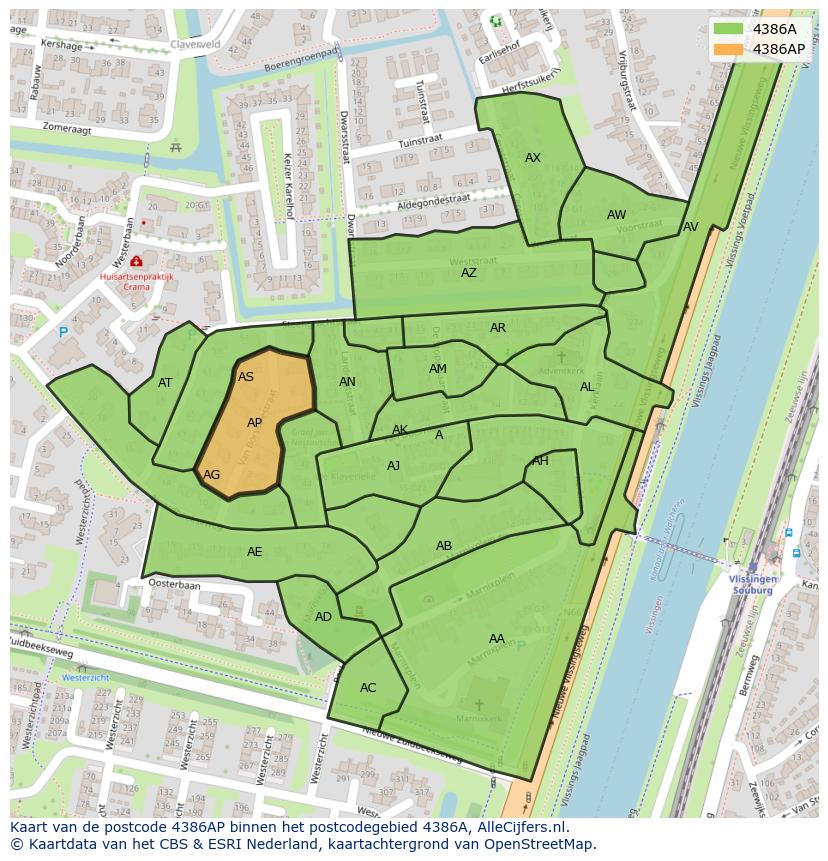 Afbeelding van het postcodegebied 4386 AP op de kaart.