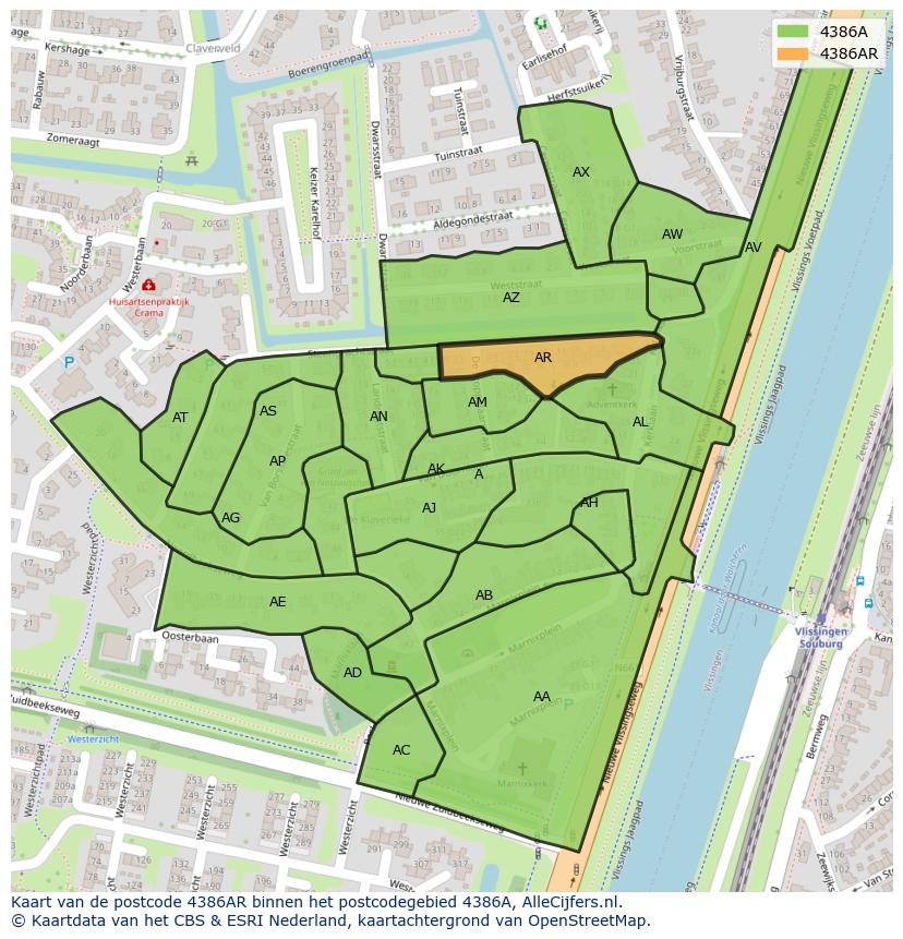 Afbeelding van het postcodegebied 4386 AR op de kaart.