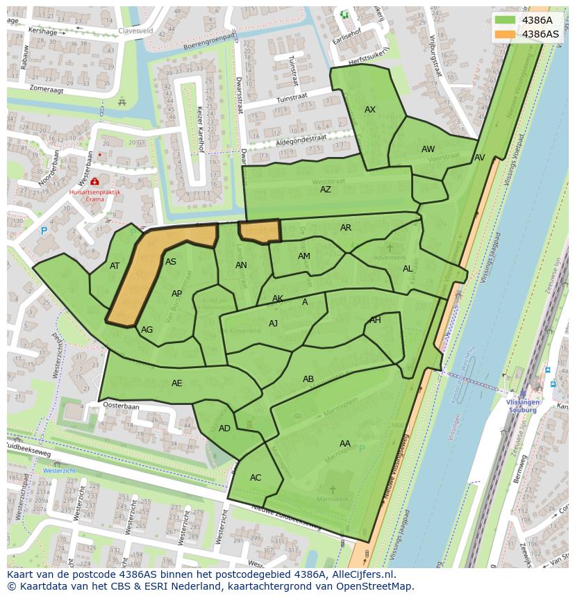 Afbeelding van het postcodegebied 4386 AS op de kaart.